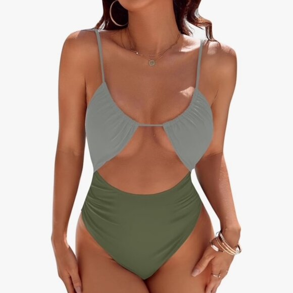 Olive Green One Piece Swimsuit – Cutout, Tummy Control – Size Large NWT - Picture 1 of 10